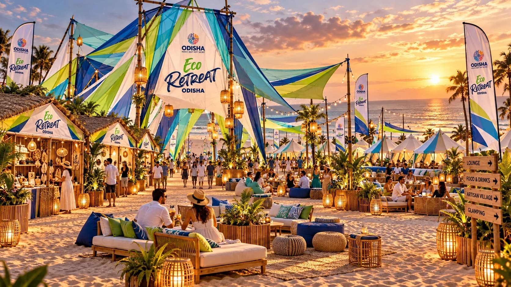Illustrative Eco Retreat festival gathering with vibrant fabric and glamping tents by the sea