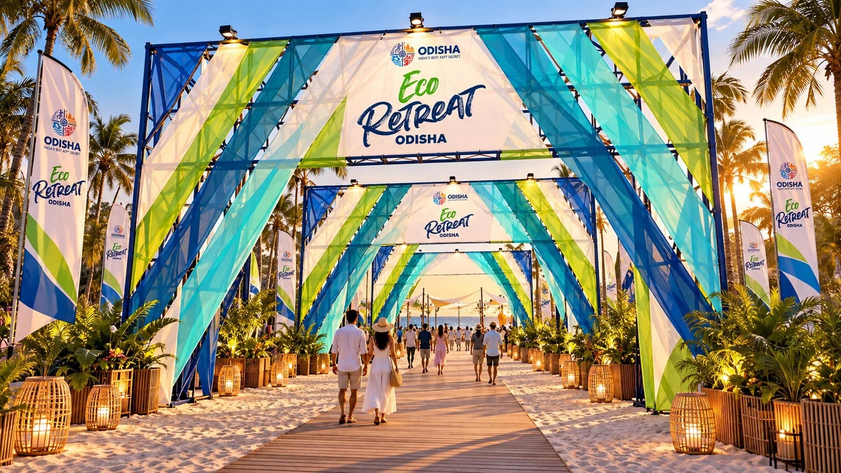 Illustrative sequence of colour-filled Eco Retreat festival walkways