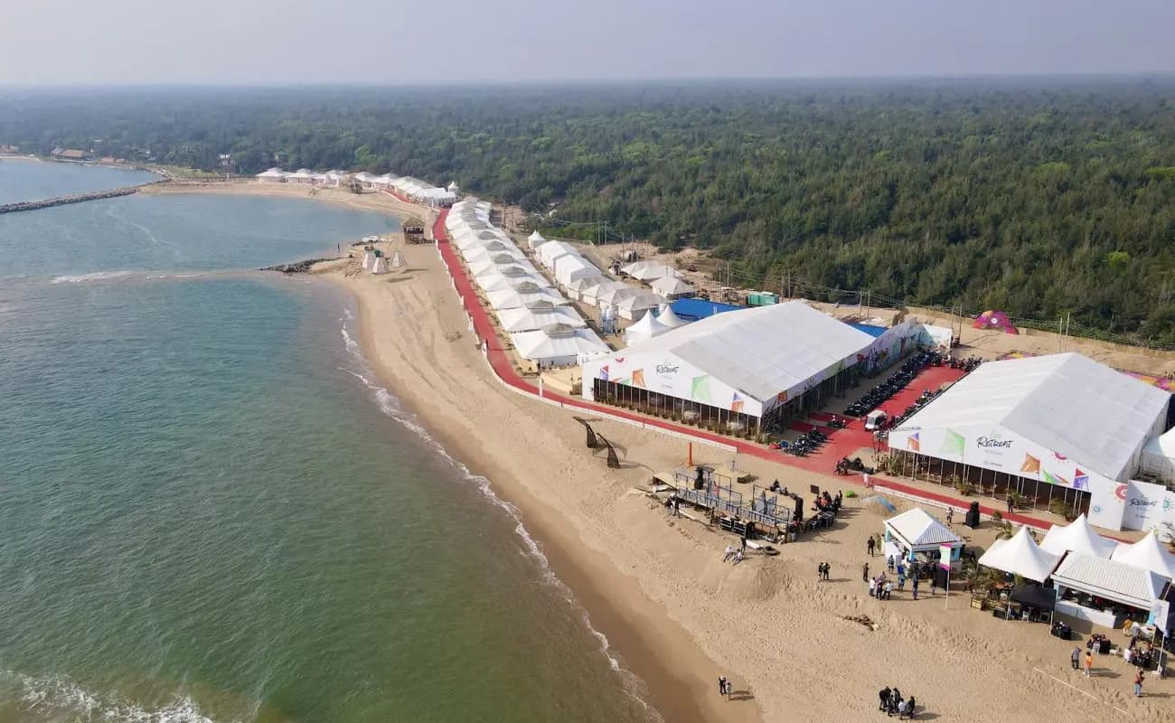 Daytime aerial of Eco Retreat Konark tents beside Ramachandi Beach